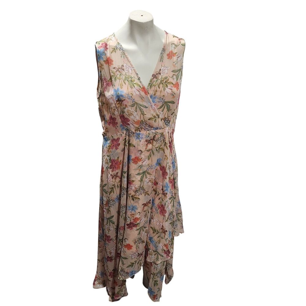 Calvin Klein Floral Midi Dress Size 14 Pink Sleeveless V Neck Spring Summer